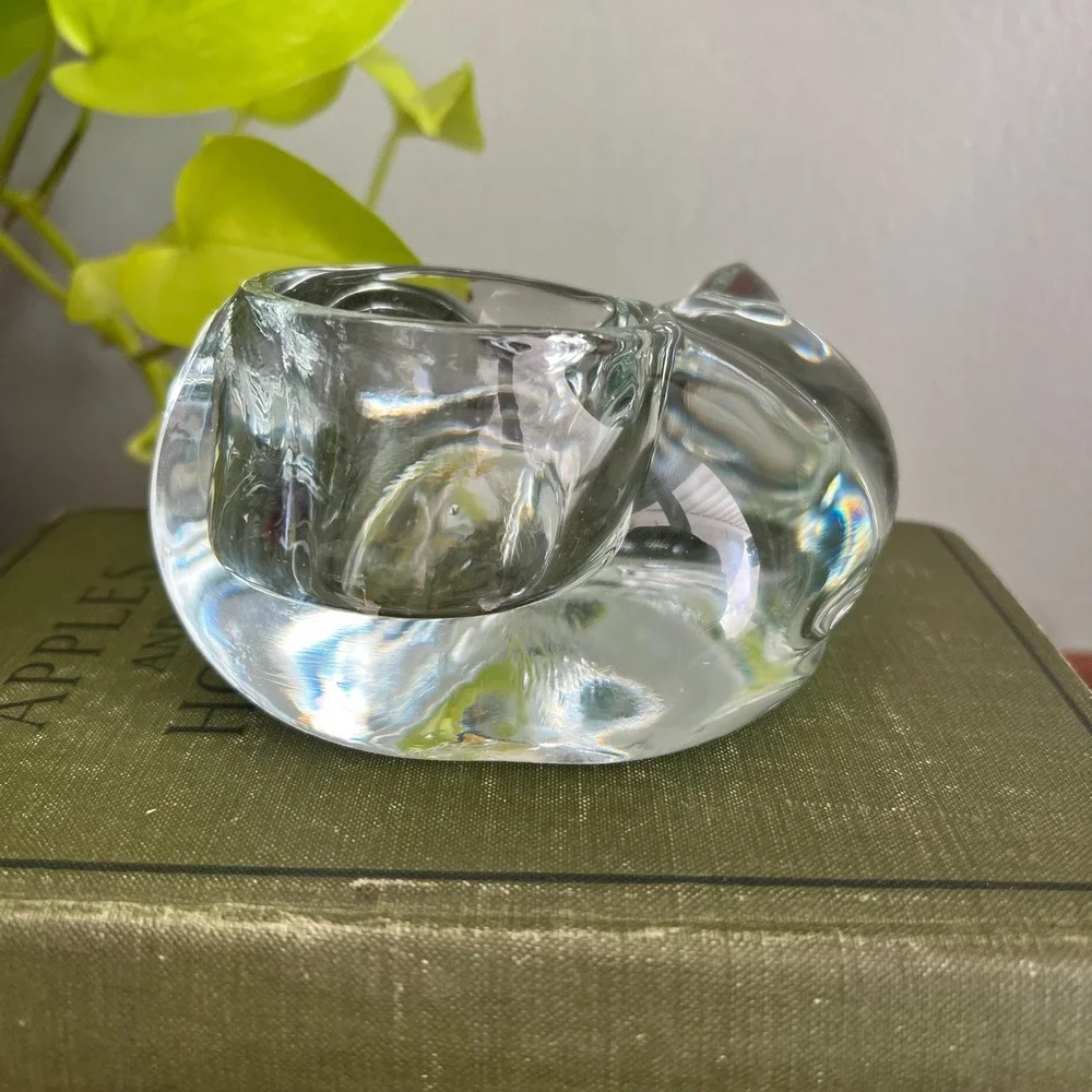 Vintage Sleeping Cat Glass Trinket Dish, Cottagecore Decor